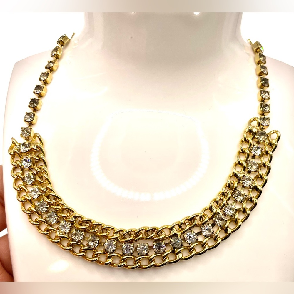 Gold Tone Chain Linked Prong Set Faceted Crystal Rhinestone Choker Necklace